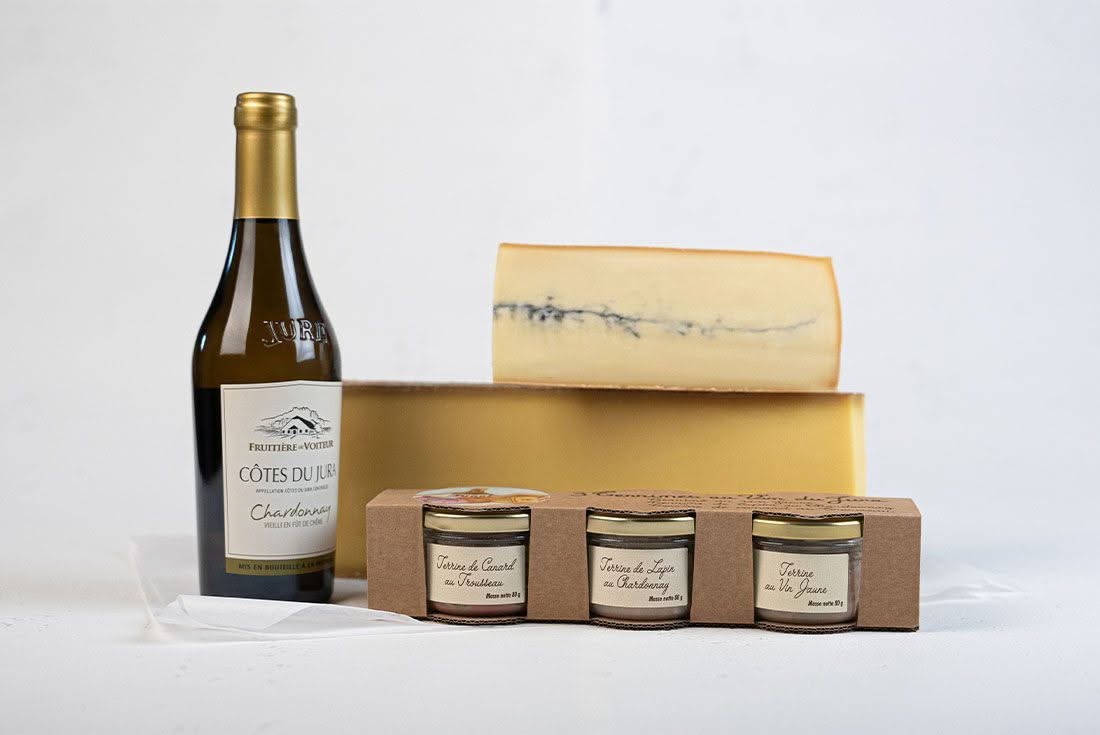 Fruitière des Coteaux de Seille Lavigny Jura Fromage Coffret Duo Morbier Comté et Côte du Jura Blanc Chardonnay Terrines